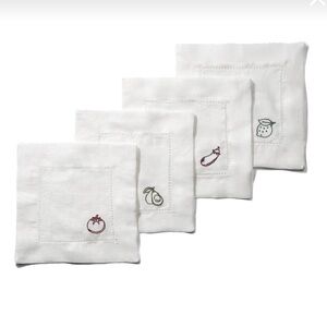Sakara White Linen Cocktail Napkins with Fruit & Veggie Embroidery (Set of 4)